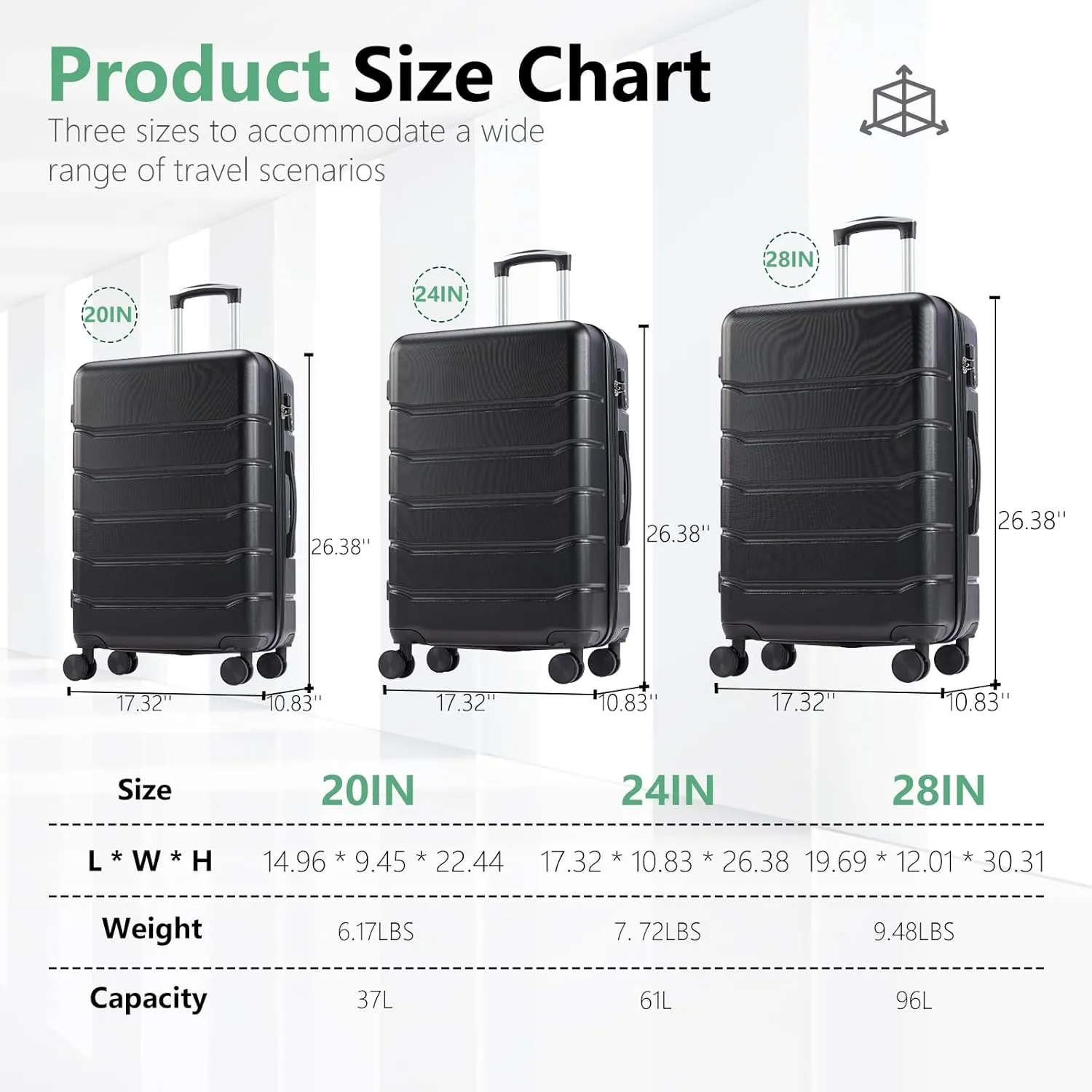 20" Modern Design Caryy-on Luggage with Wheels ABS Luggage TSA-approved Carry-on Trolley Case Lightweight (Black)