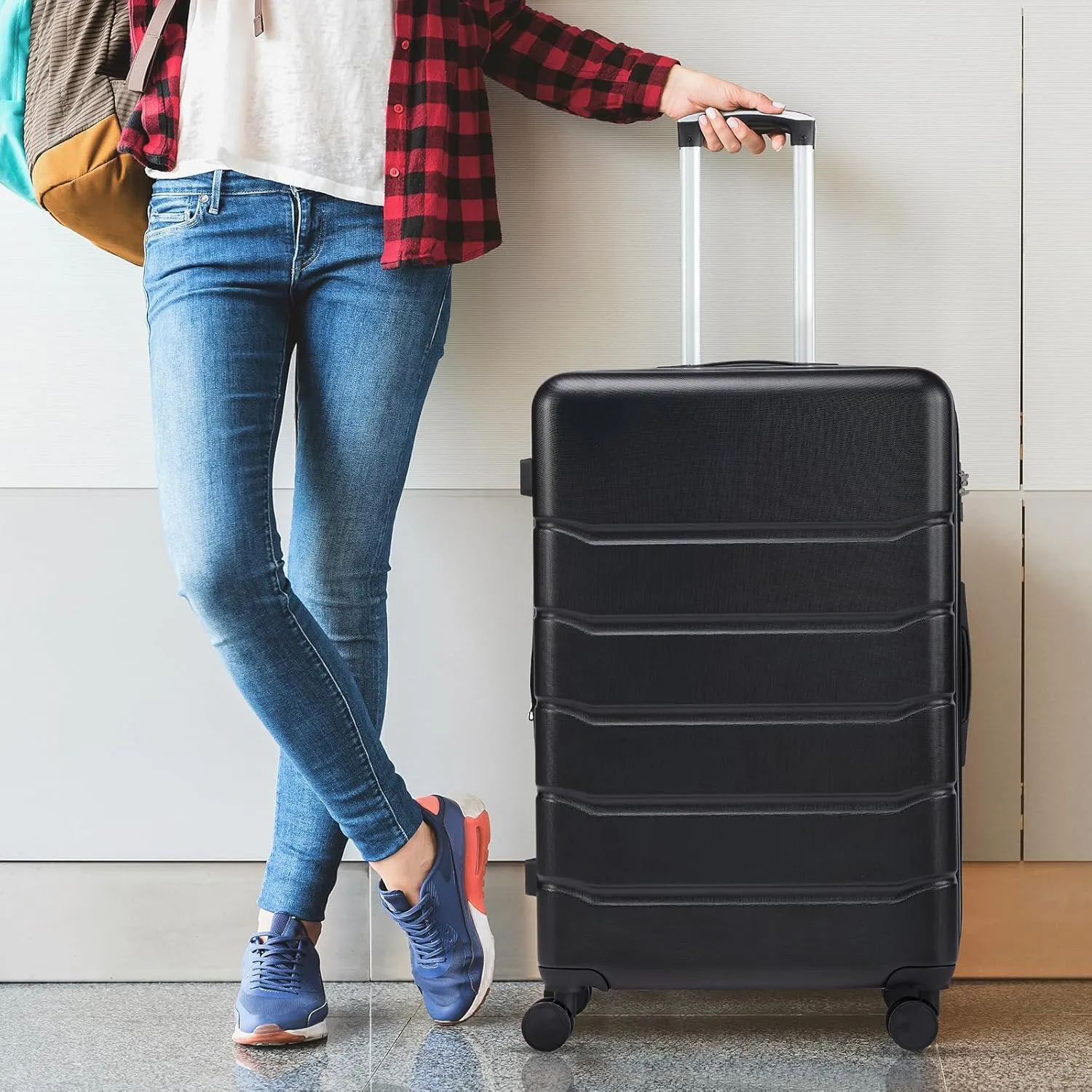 20" Modern Design Caryy-on Luggage with Wheels ABS Luggage TSA-approved Carry-on Trolley Case Lightweight (Black)
