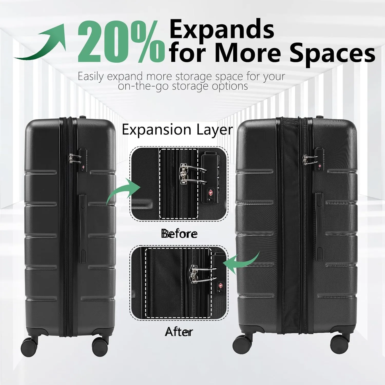 20" Modern Design Caryy-on Luggage with Wheels ABS Luggage TSA-approved Carry-on Trolley Case Lightweight (Black)