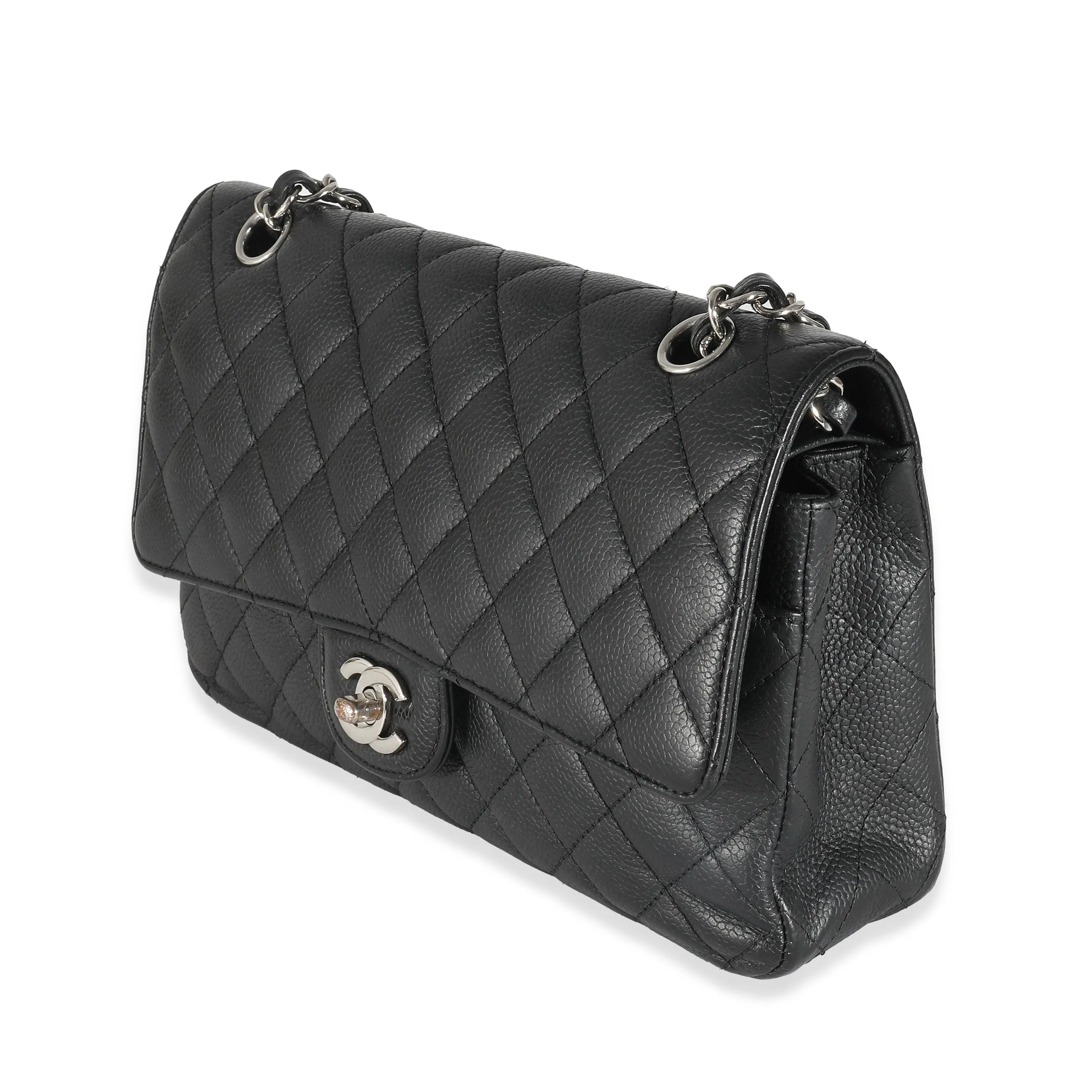 Black Quilted Caviar Medium Classic Double Flap Handbag