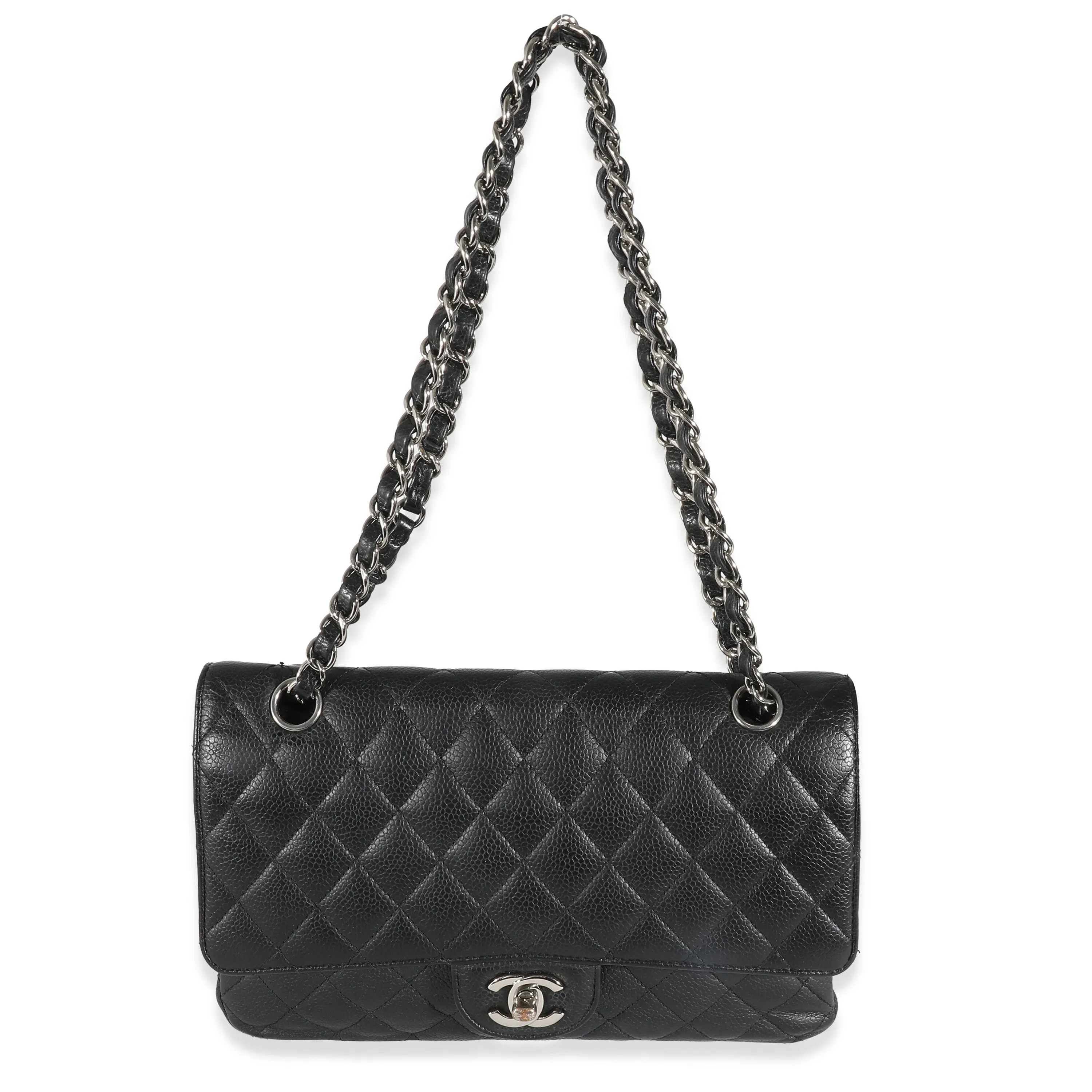 Black Quilted Caviar Medium Classic Double Flap Handbag