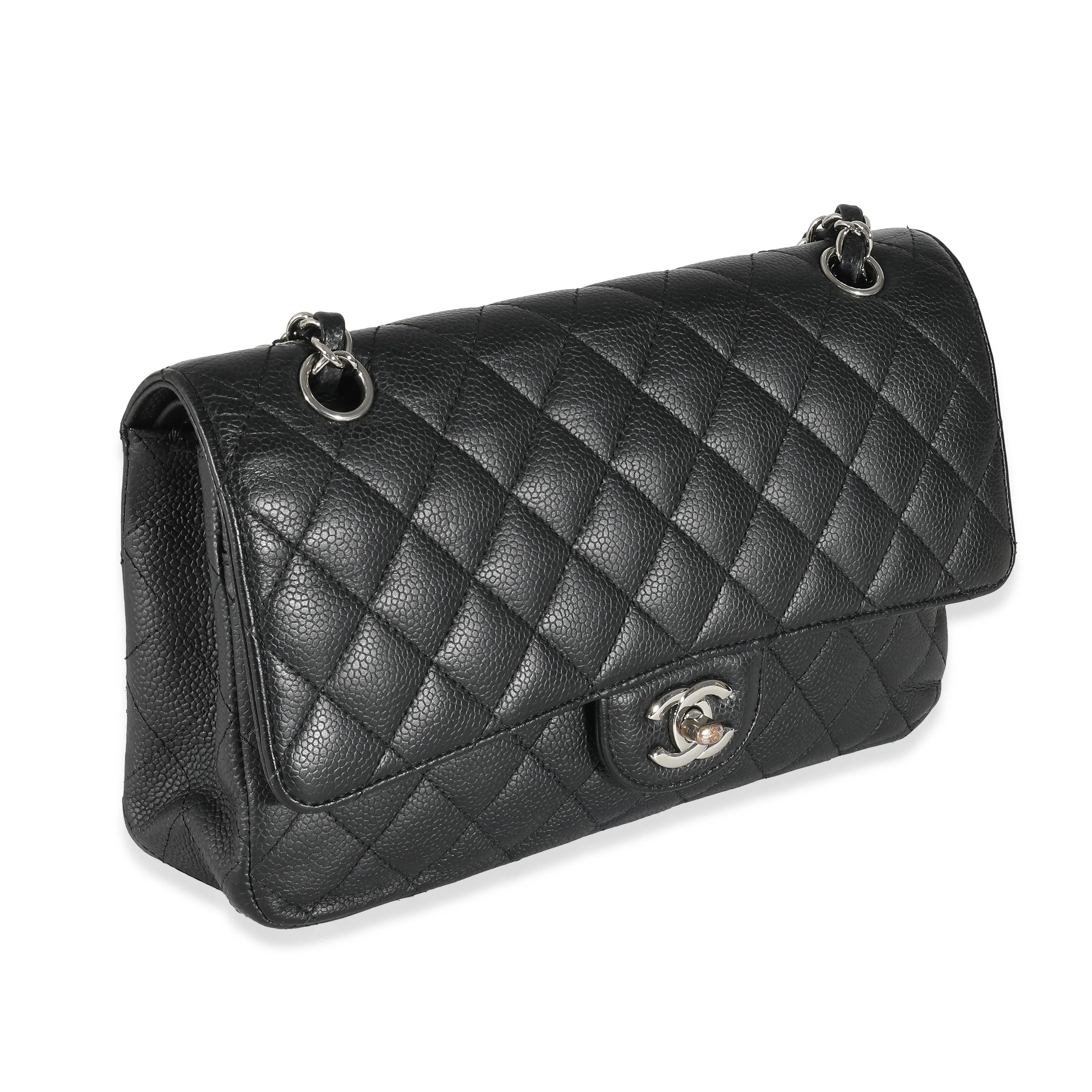 Black Quilted Caviar Medium Classic Double Flap Handbag