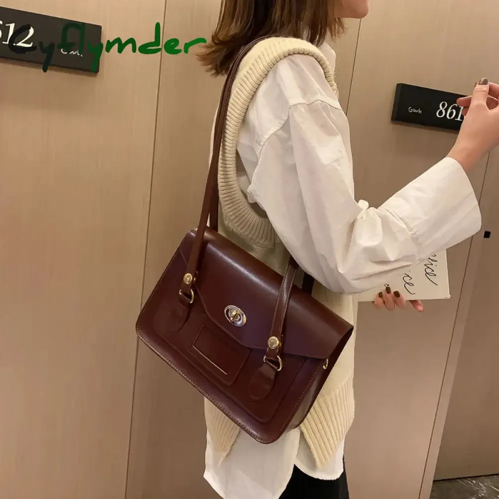 Cyflymder Vintage Shoulder Bags for Women Autumn Trendyol Japanese Solid PU Leather Messenger Bag Satchel Female Briefcase