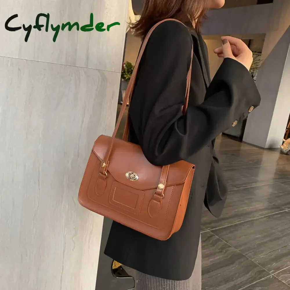 Cyflymder Vintage Shoulder Bags for Women Autumn Trendyol Japanese Solid PU Leather Messenger Bag Satchel Female Briefcase