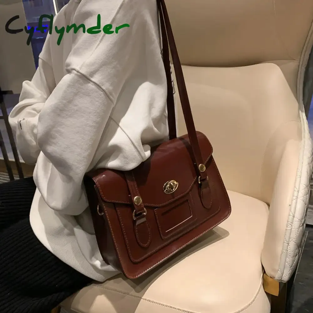 Cyflymder Vintage Shoulder Bags for Women Autumn Trendyol Japanese Solid PU Leather Messenger Bag Satchel Female Briefcase