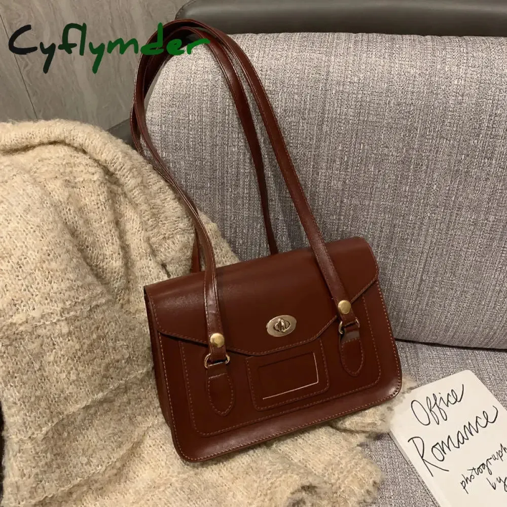 Cyflymder Vintage Shoulder Bags for Women Autumn Trendyol Japanese Solid PU Leather Messenger Bag Satchel Female Briefcase