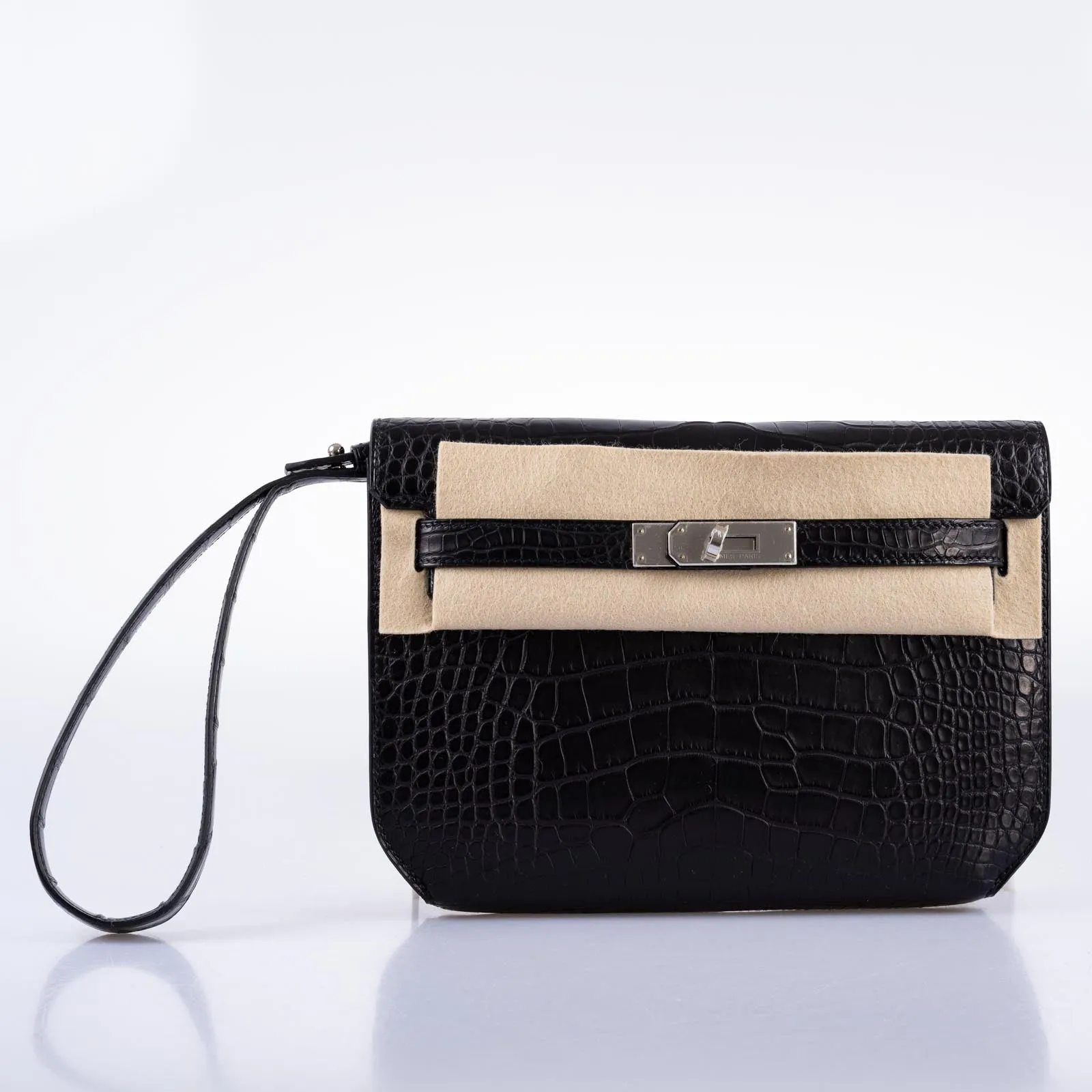 Hermès Kelly Depeches 25 Pochette Black Matte Alligator Palladium Hardware