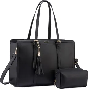 LOVEVOOK Laptop Bag for Women 15.6 inch Lightweight PU Laptop Tote Bag, Large Capacity Computer bag with Clutch Purse for Business, Work, Office, Travel, School,Casual(Black & Leather)