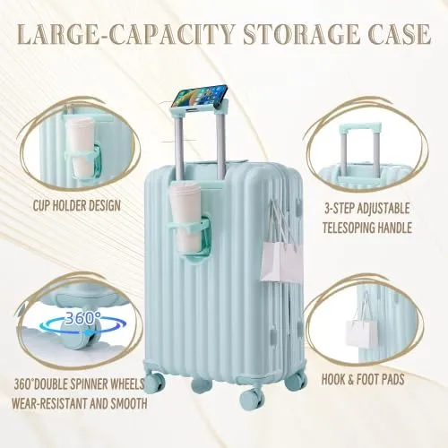 Luggage Set,3 Piece Suitcase with Spinner Wheels, Suitcase with with Cup Holder & USB Port & Phone Holder, Carry On Luggage Easy Travel for Men and Women(20/24/28) (Mint Green)