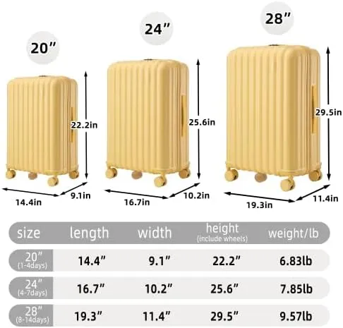 Luggage Set,3 Piece Suitcase with Spinner Wheels, Suitcase with with Cup Holder & USB Port & Phone Holder, Carry On Luggage Easy Travel for Men and Women(20/24/28) (Yellow)