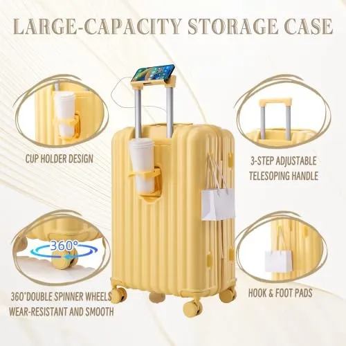 Luggage Set,3 Piece Suitcase with Spinner Wheels, Suitcase with with Cup Holder & USB Port & Phone Holder, Carry On Luggage Easy Travel for Men and Women(20/24/28) (Yellow)