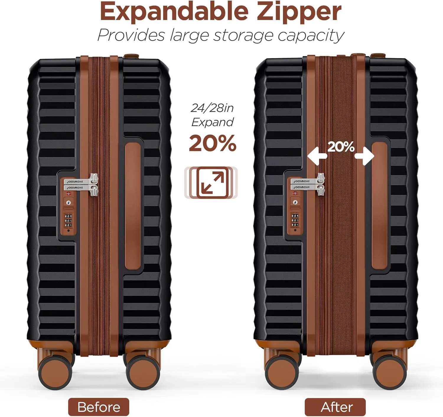 SHOWKOO Luggage Sets 3 Piece Hardside Expandable Suitcase with Double Spinner Wheels Tsa Lock, (Black, 5 piece set)