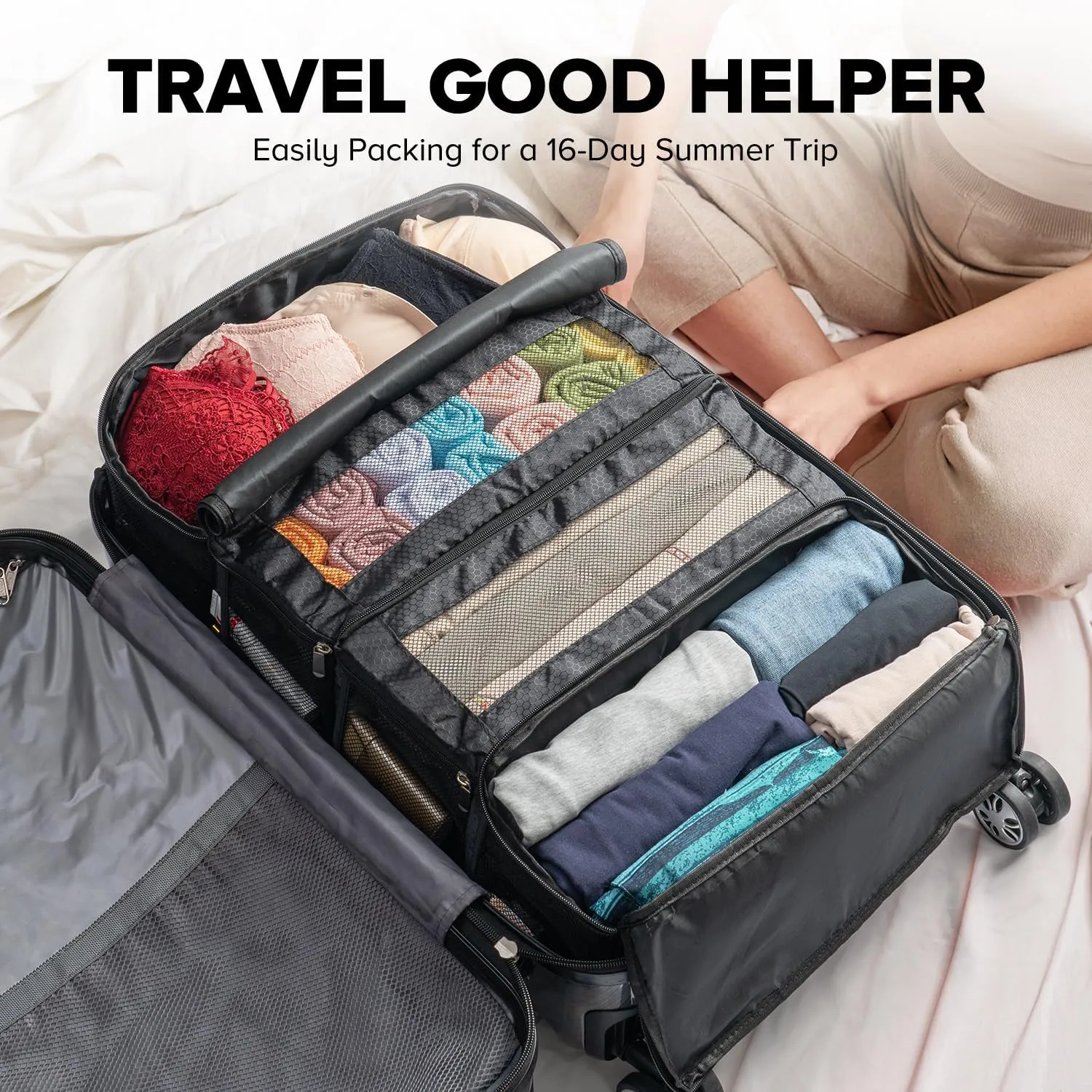 Suitcase Organizer, Travel Luggage Organizer Hanging Shelves Packing Cube Closet/Collapsible Portable Travel Organizer for Carry-on, Black-XL, X-Large